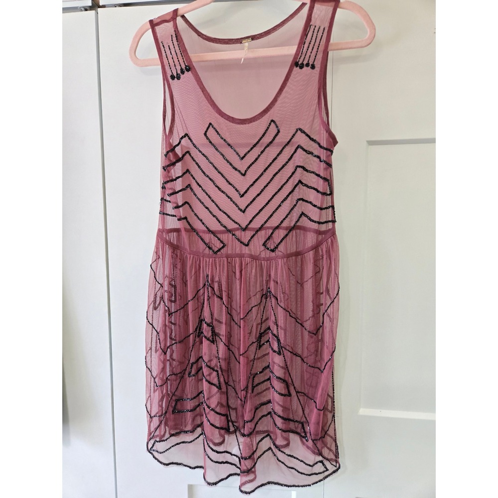 Free People Mauve Mesh Beaded Chevron Drop Waist Sleeveless Mini Dress Small - Picture 2 of 11